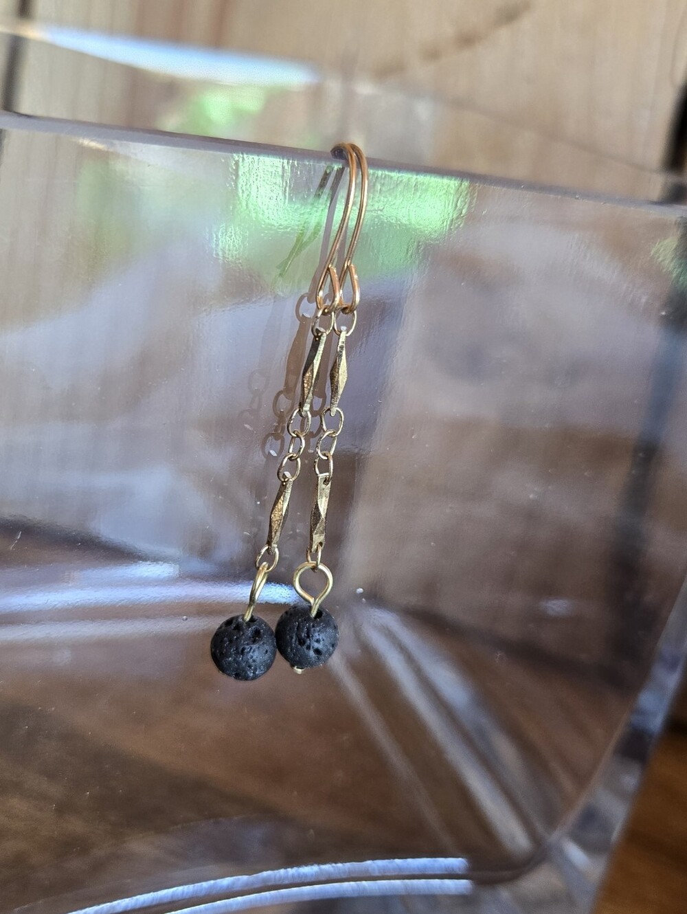 Aromatherapy Lava Stone Dangle Earrings | Repurposed Gold Tone Chain